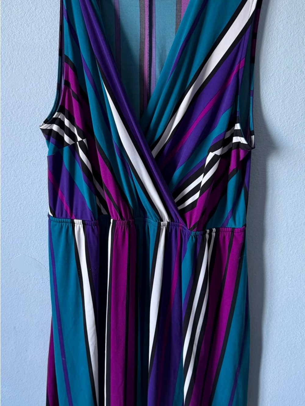 Striped Faux-Wrap Maxi Dress in Teal, Purple & White